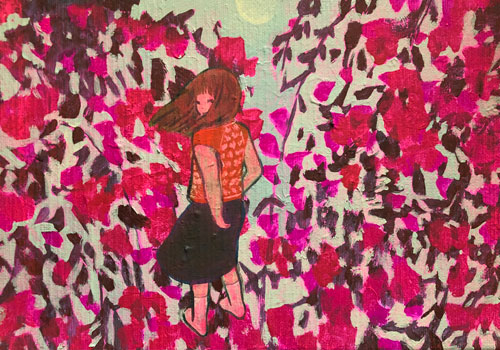 茶々丸順子の絵 日本画『花を持つ少女』-